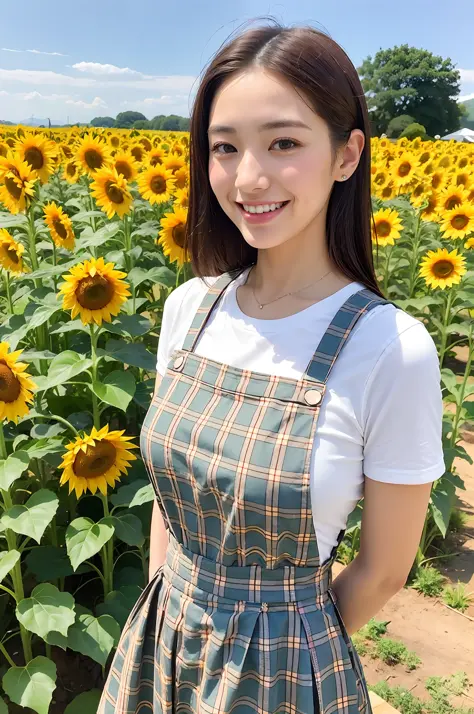 beautiful japan woman, plaid pinafore, top quality, masterpiece, super high resolution, photorealistic, smile, upper body, sunfl...