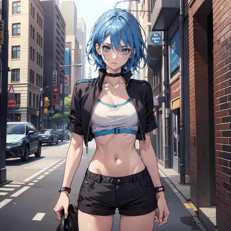 Blue eyes, blue hair, hair shoulder level, medium chest, black shorts, thin, wearing blue short sleeves, wearing a black cropped jacket, female, M-bangs, smooth body structure, girl standing in the middle of the city