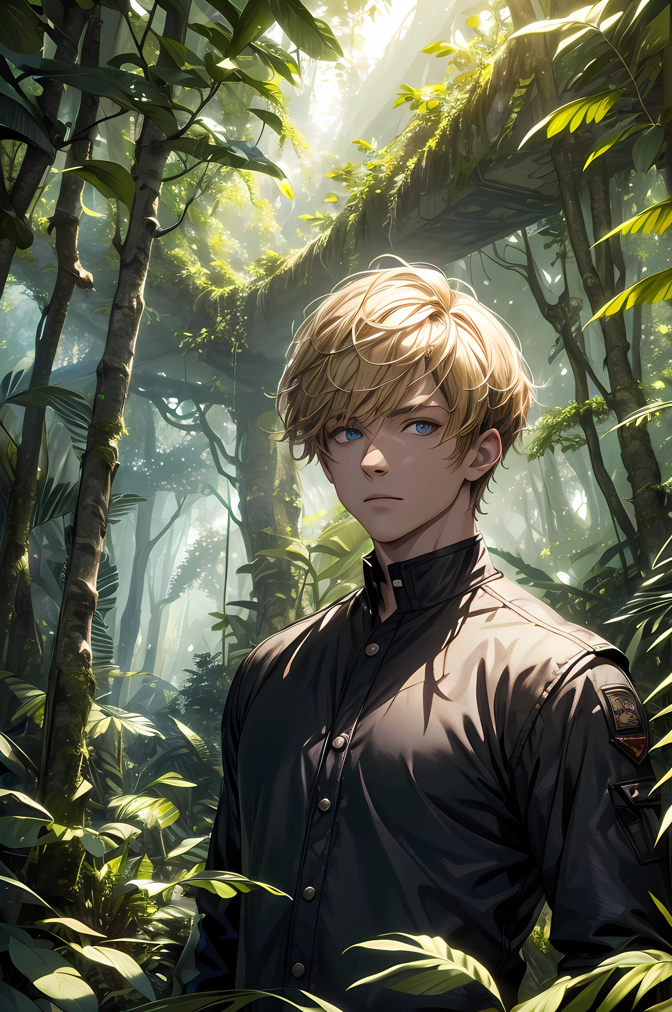 (absurdres, highres, ultra detailed, HDR), masterpiece, best quality, 1 male, solo, adult, handsome, looking at viewer, short blonde hair, blue eyes, long sleeves, forest, trees full of greenery, fluttering leaves, natural light and shadow, Jungle exploration, lots of plants, depth of field, upper body, frontal,