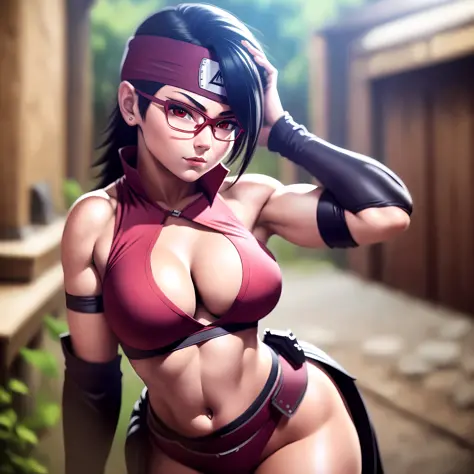 (masterpiece, high resolution, photo-realistic:1.3), Sarada Uchiha at 18 years old, enjoying herself at home, (enticing atmosphere:1.2), wearing only a skimpy thong, showcasing her beautifully large and shapely buttocks, (tiny top:1.1), barely covering her...