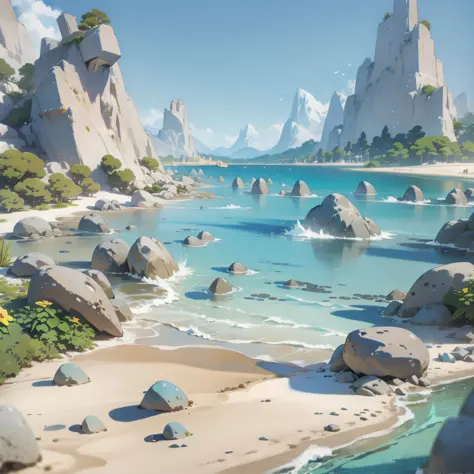 terraces, beach, clear water, bubbling, ray tracing, sand, reef, faint mountains in the distance, comics, 3d rendering, cartoon, cute style, sunny, outdoor, detailed, 4K, HD, high quality