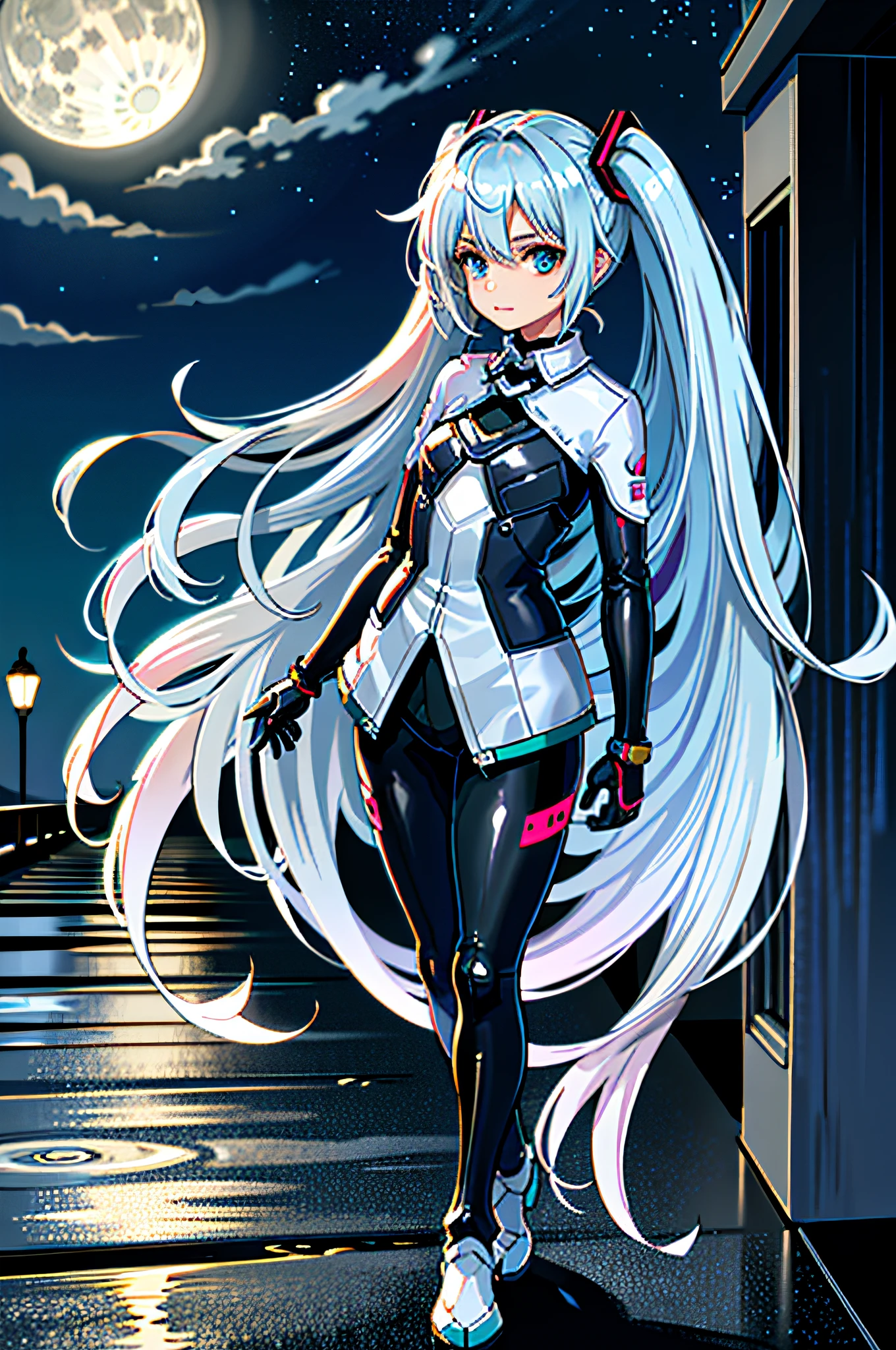 1girl, silver hair,long hair,night,full moon,hatsune miku suit,
,a \(xenoblade\),