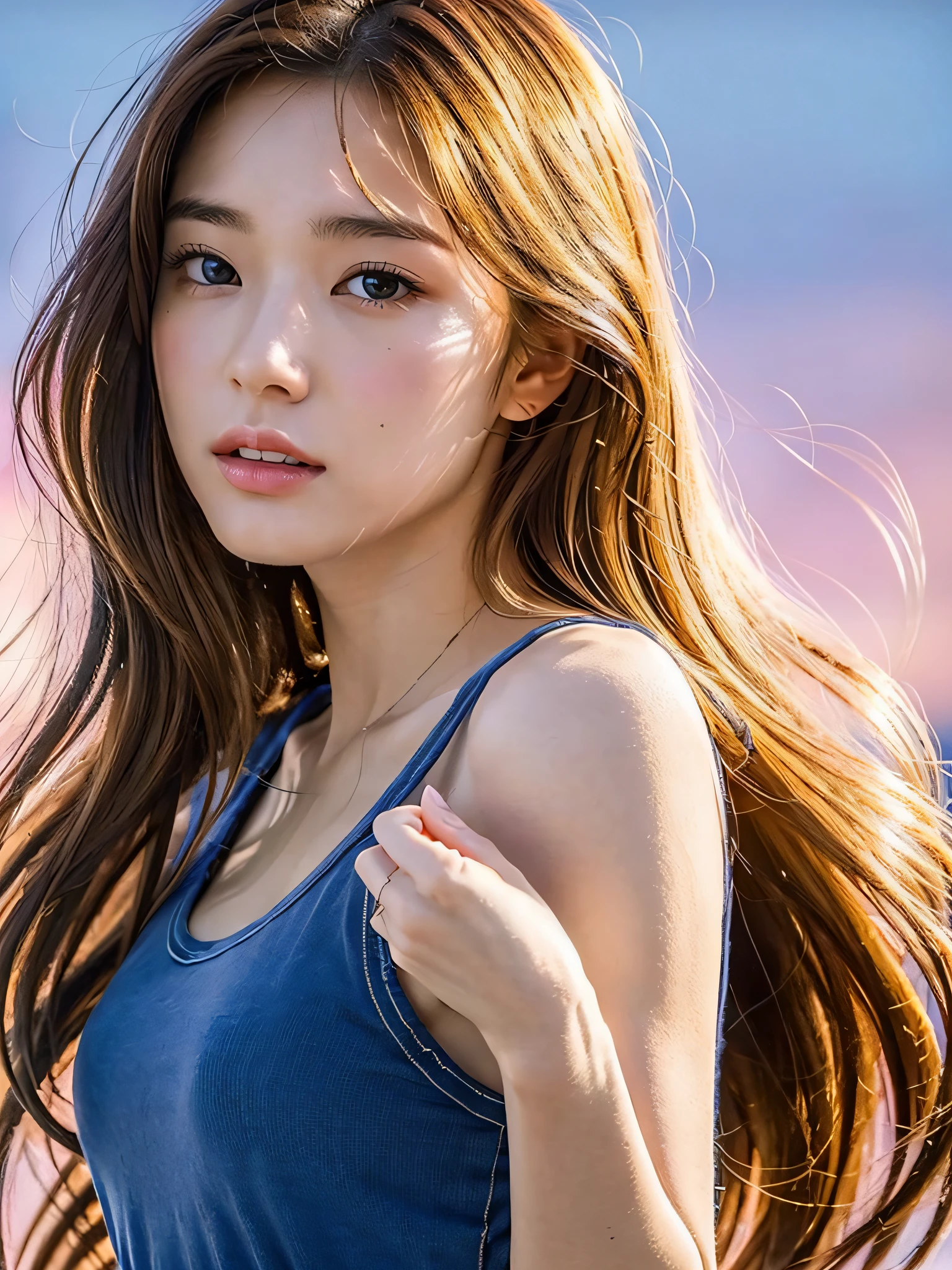 Middle chest, beautiful detailed eyes, (long hair:1.2), (8k, best quality, masterpiece:1.2), (realistic, photorealistic:1.37), ultra detailed, 1 girl, cute, solo, Japan high school student, profile, gaze is sky, look up, look up at the sky, long eyelashes, beautiful eyes, smooth hair, from the side, bokeh, upper body, beautiful sky, dynamic, yellow tank top