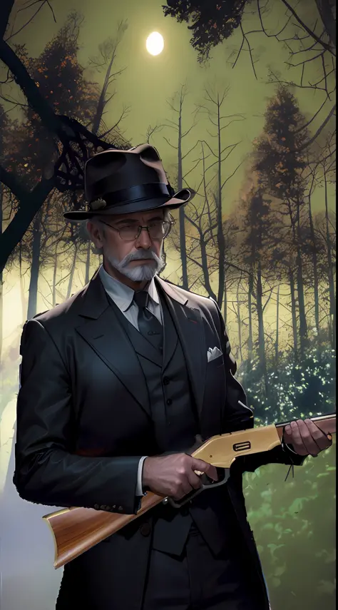 Man in suit with rifle in the forest