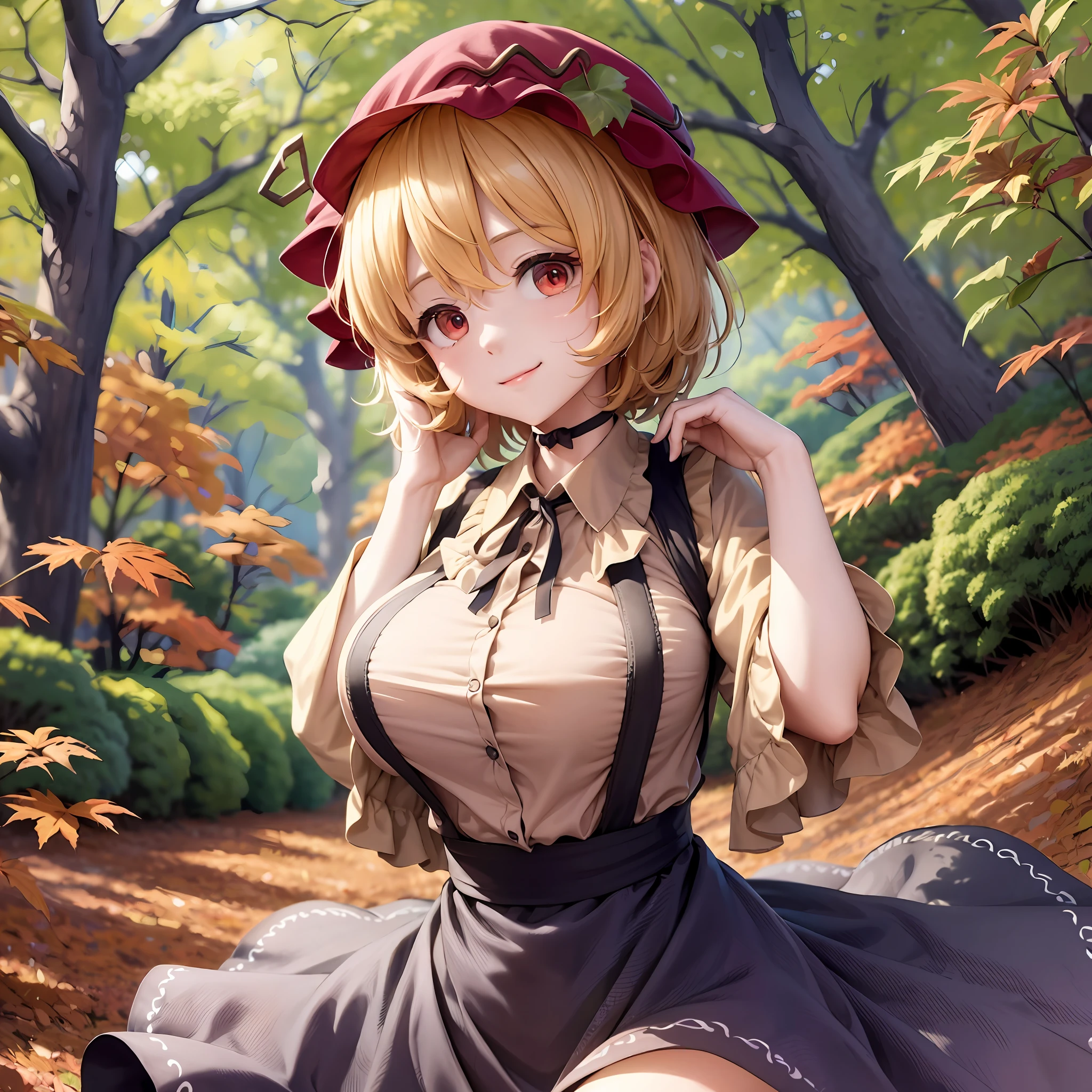 (Aki Minoriko), Mob cap, grapes, grape hat ornament, wide sleeves, shirt, skirt, apron, huge breasts, seductive smile, short hair, red eyes, thick eyelashes, wide hips, {{{Masterpiece}}}, {{{detailed}}} {{{high Resolution}}}, colorful, {{{cinematic lighting}}}, {{detailed}}, 4K, Touhou, autumn, autumn forest, 1girl,