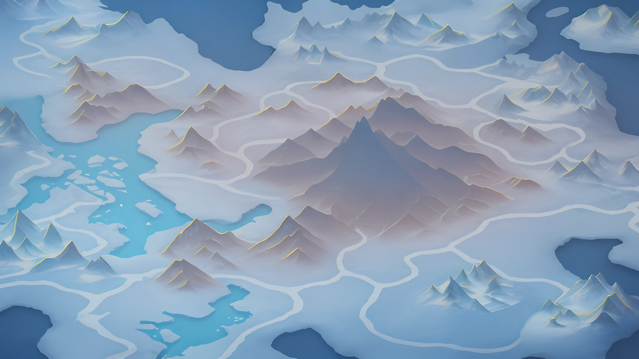 there is a large map of a mountain range with a lake, icey tundra background, icy mountains, an isometric fantasy map, ice mountains in the background, icy mountains in the background, mountainous background, game map matte painting, mountainscape, snowy mountains, seas of mountain, ice mountains afar, background mountains, detailed scenery —width 672