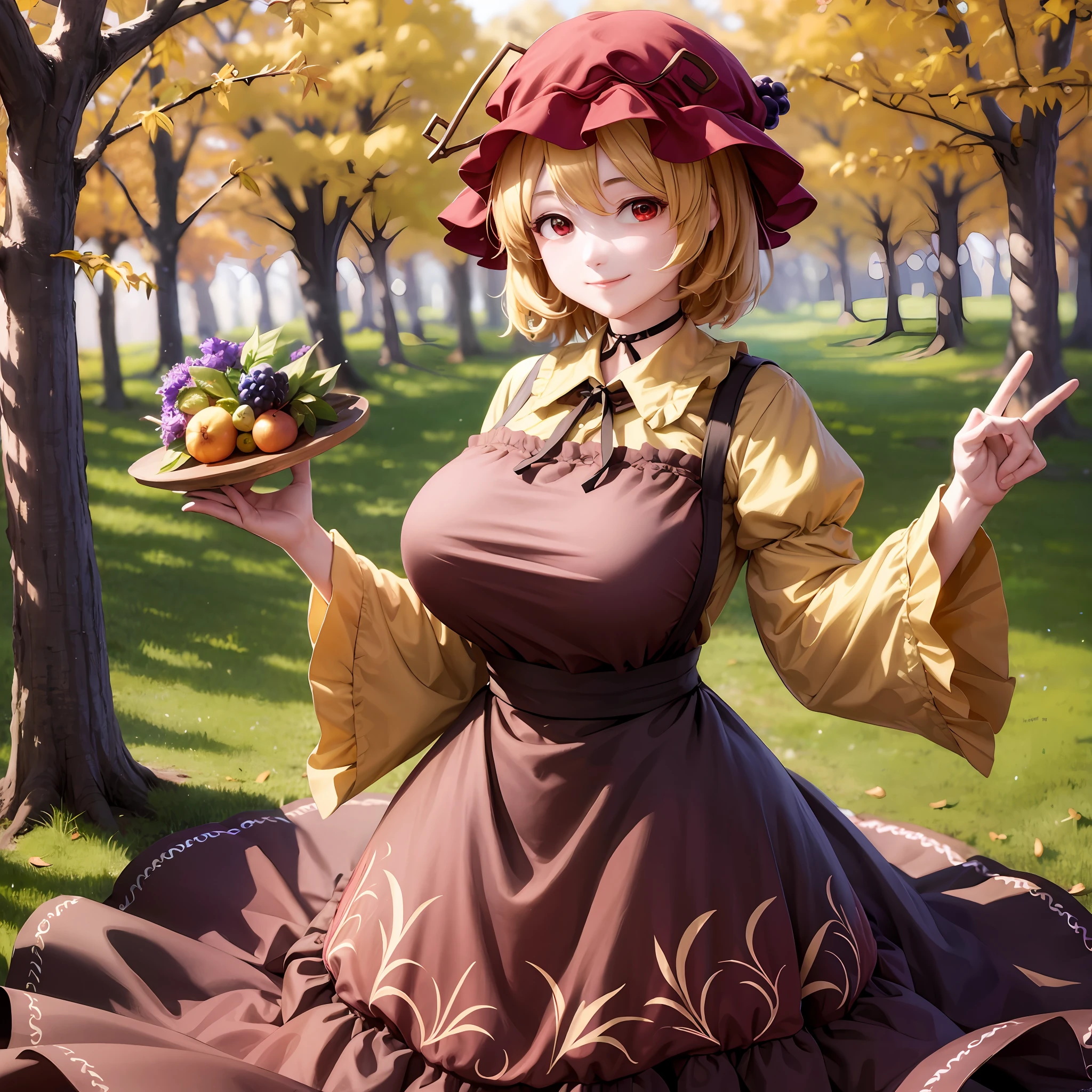 (Aki Minoriko), Mob cap, grapes, grape hat ornament, wide sleeves, shirt, skirt, apron, huge breasts, seductive smile, short hair, red eyes, thick eyelashes, wide hips, {{{Masterpiece}}}, {{{detailed}}} {{{high Resolution}}}, colorful, {{{cinematic lighting}}}, {{detailed}}, 4K, Touhou, autumn, autumn forest, 1girl,