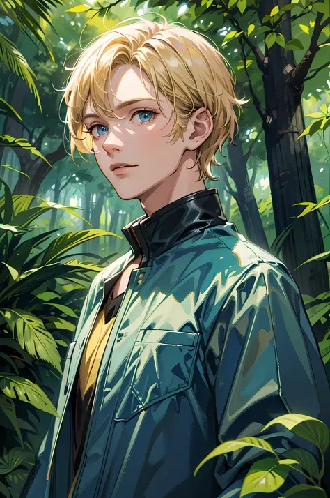 (absurdres, highres, ultra detailed, HDR), masterpiece, best quality, 1 male, solo, adult, handsome, BREAK, looking at viewer, short blonde hair, blue eyes, long sleeves, forest, trees full of greenery, fluttering leaves, natural light and shadow, Jungle exploration, lots of plants, depth of field, upper body, frontal, light smile