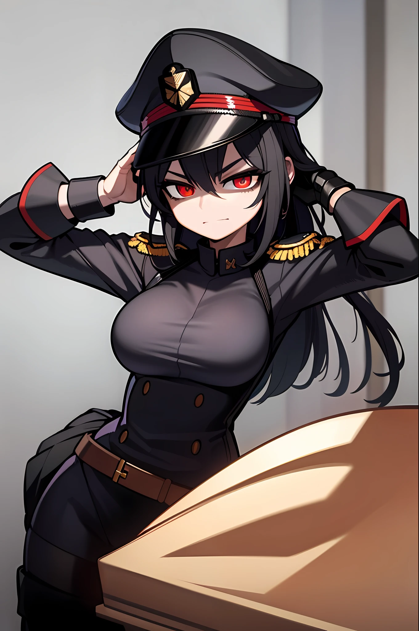 ((masterpiece, best quality)), (1girl), (solo), (female focus), Yoruichi Shihoin as army officer, black leather German uniform, wearing army leather hat, strong makeup, large breasts, tall woman, red eyes, deep shadows, constricted pupils, empty eyes, yandere, accessories, female death appearance, dynamic angle, highly detailed, 8k resolution