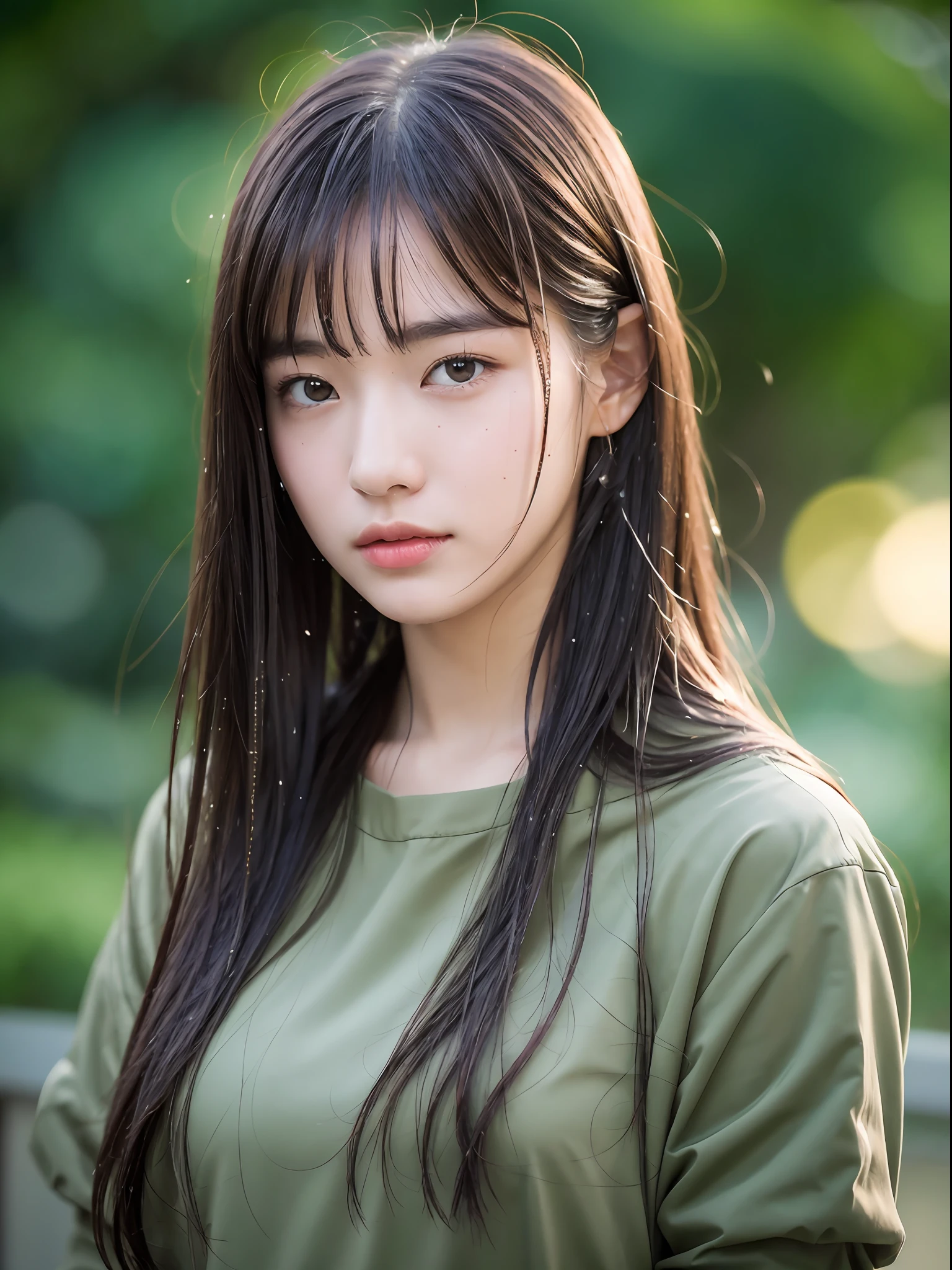 Top Quality, Photorealistic, 8K, High Definition, 1 Girl, Female, (Skindentation), (Portrait: 0.6), Standing, 17 years old, , Look straight at the viewer: 1.8, Serious, Serious, Eyebrows, (1 Girl Eyes Looking at the Beholder, Medium Length Hair, Parted Bangs: 1.65), (Bokeh), Rain, Wet Hair,