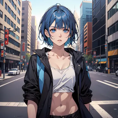Blue eyes, blue hair, hair flush with chin, short and medium hair, medium chest, black shorts, thin, wearing blue lining, wearing a black short jacket, female, M-shaped bangs, smooth body structure, girl standing in the middle of the city, the corners of h...