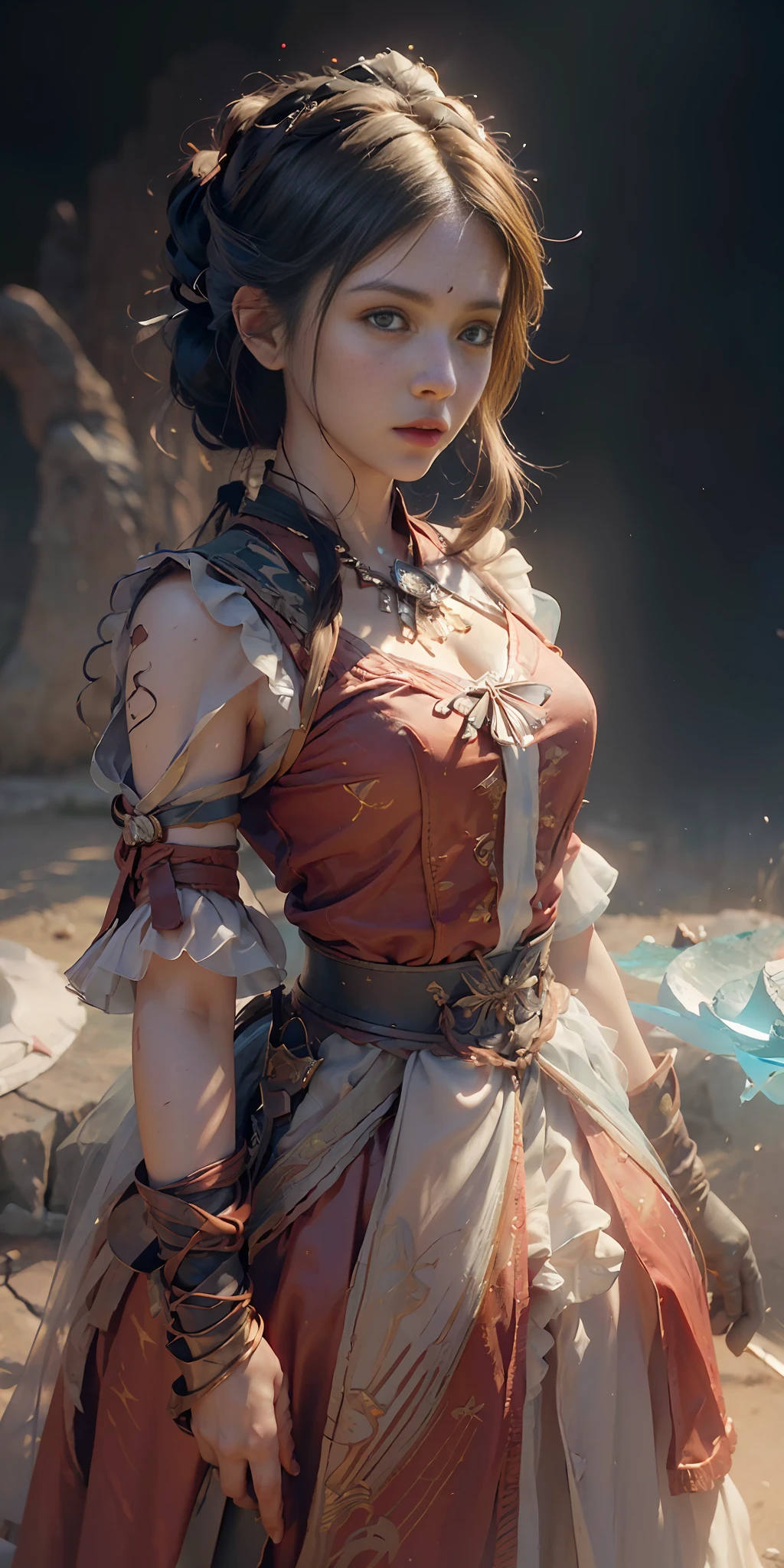 (Best Quality), ((Masterpiece), (Details: 1.4), 3D, A Beautiful Western Female Figure, Red Clothes, Delicate Decorations, On Stage, HDR (High Dynamic Range), Ray Tracing, NVIDIA RTX, Super-Resolution, Unreal 5, Subsurface Scattering, PBR Texture, Post Processing, Anisotropic Filtering, Depth of Field, Maximum Clarity and Clarity, Multi-layered Textures, Albedo and Highlight Maps, Surface shading, accurate simulation of light-material interactions, perfect proportions, Octane Render, two-color light, large aperture, low ISO, white balance, rule of thirds, 8K RAW, yushui