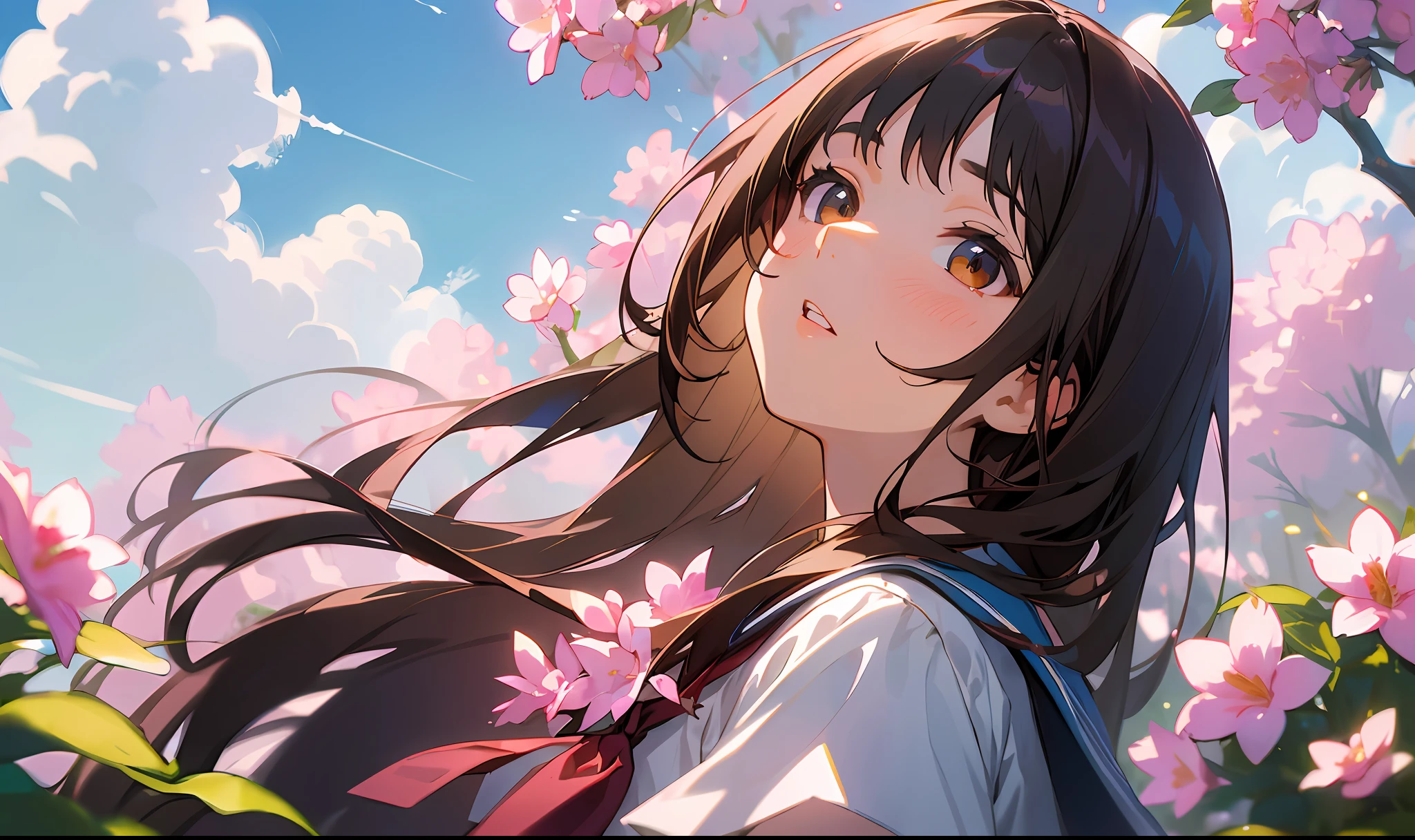 (masterpiece, best quality),1girl, solo, flower, long hair, outdoors, letterboxed, school uniform, day, sky, looking up, short sleeves, parted lips, shirt, cloud, black hair, sunlight, white shirt, serafuku, upper body, from side, pink flower, blurry, brown hair, blue sky, depth of field