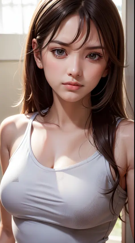 upper body, masterpiece, best quality, raw photo, photorealistic, big, face light, shiny skin, high resolution, ultra detail, detail, detailed eyes and face, sharp pupils, realistic pupils, sharp focus, shiny skin, cute smile, brown hair, sporty clothes, l...