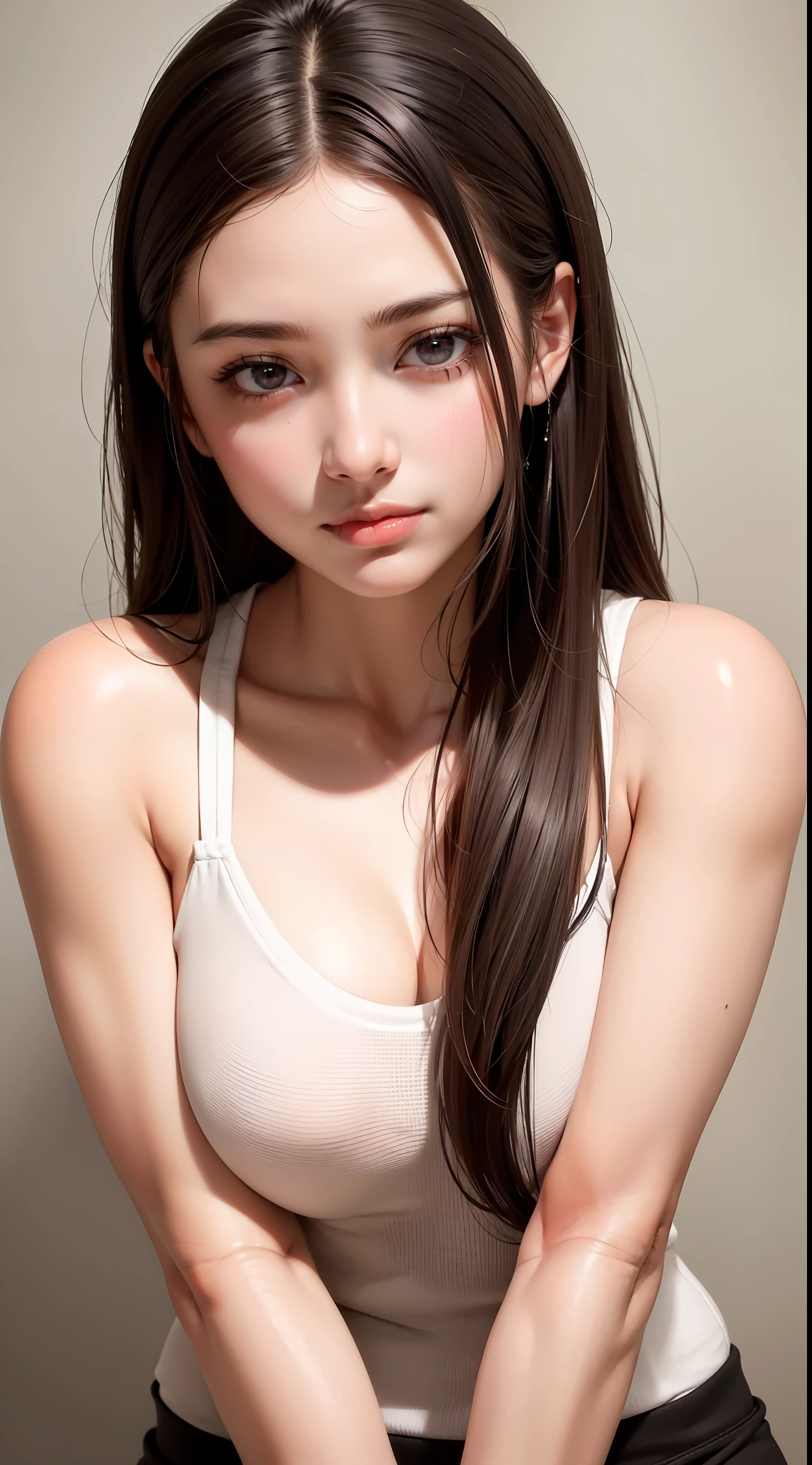 upper body, masterpiece, best quality, raw photo, photorealistic, big, face light, shiny skin, high resolution, ultra detail, detail, detailed eyes and face, sharp pupils, realistic pupils, sharp focus, shiny skin, cute smile, brown hair, sporty clothes, long hair