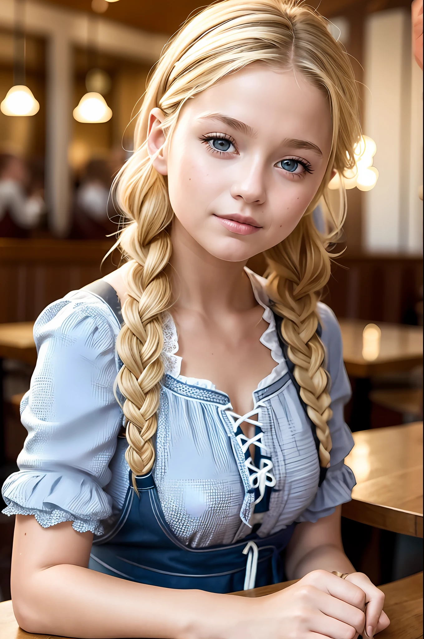 Child OKTOBERFEST beautiful, human, realistic, blonde, in a German restaurant with a braided and beautiful hair, hyperrealism, good lighting photo 8k