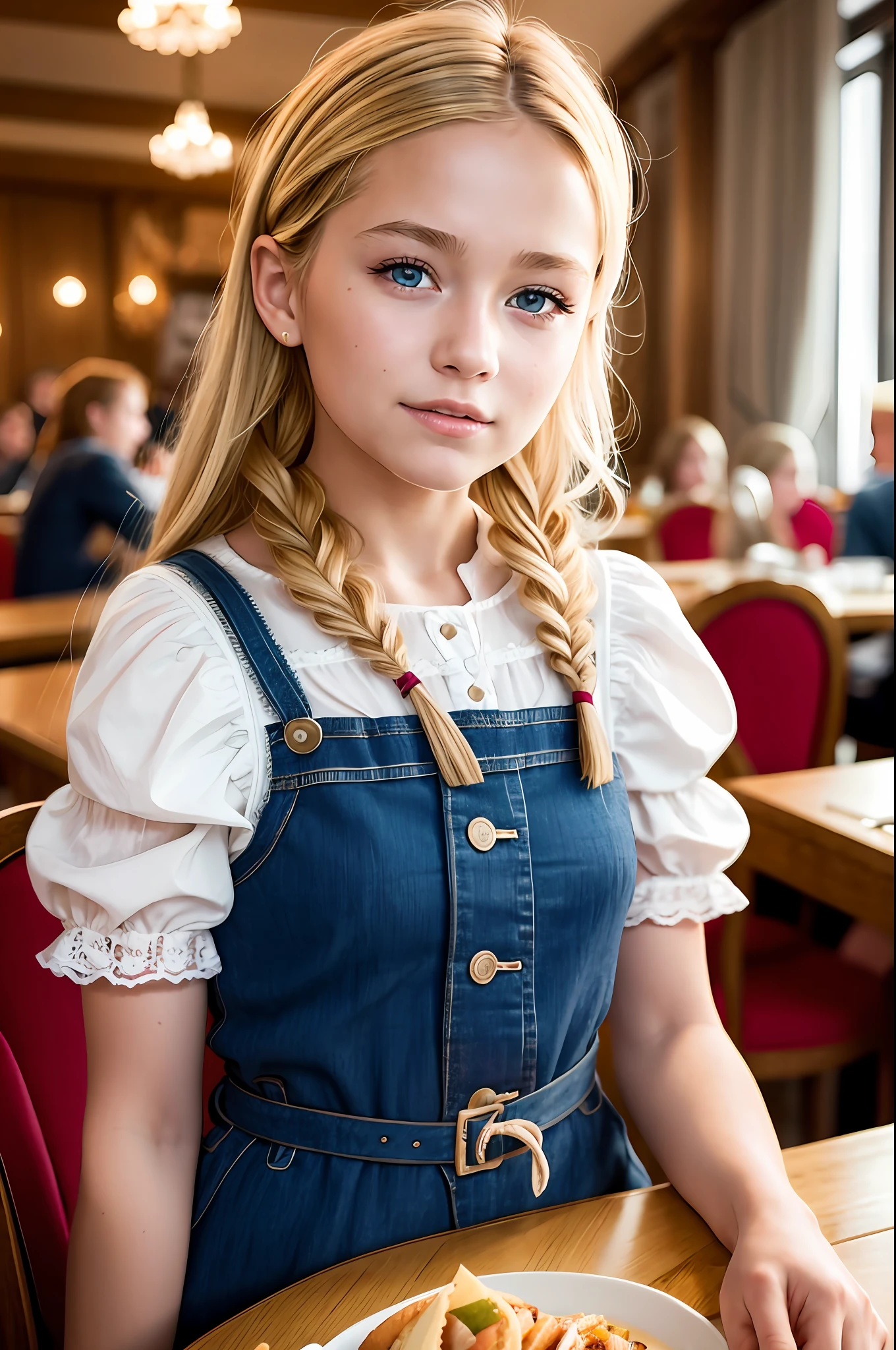 Child OKTOBERFEST beautiful, human, realistic, blonde, in a German restaurant with a braided and beautiful hair, hyperrealism, good lighting photo 8k