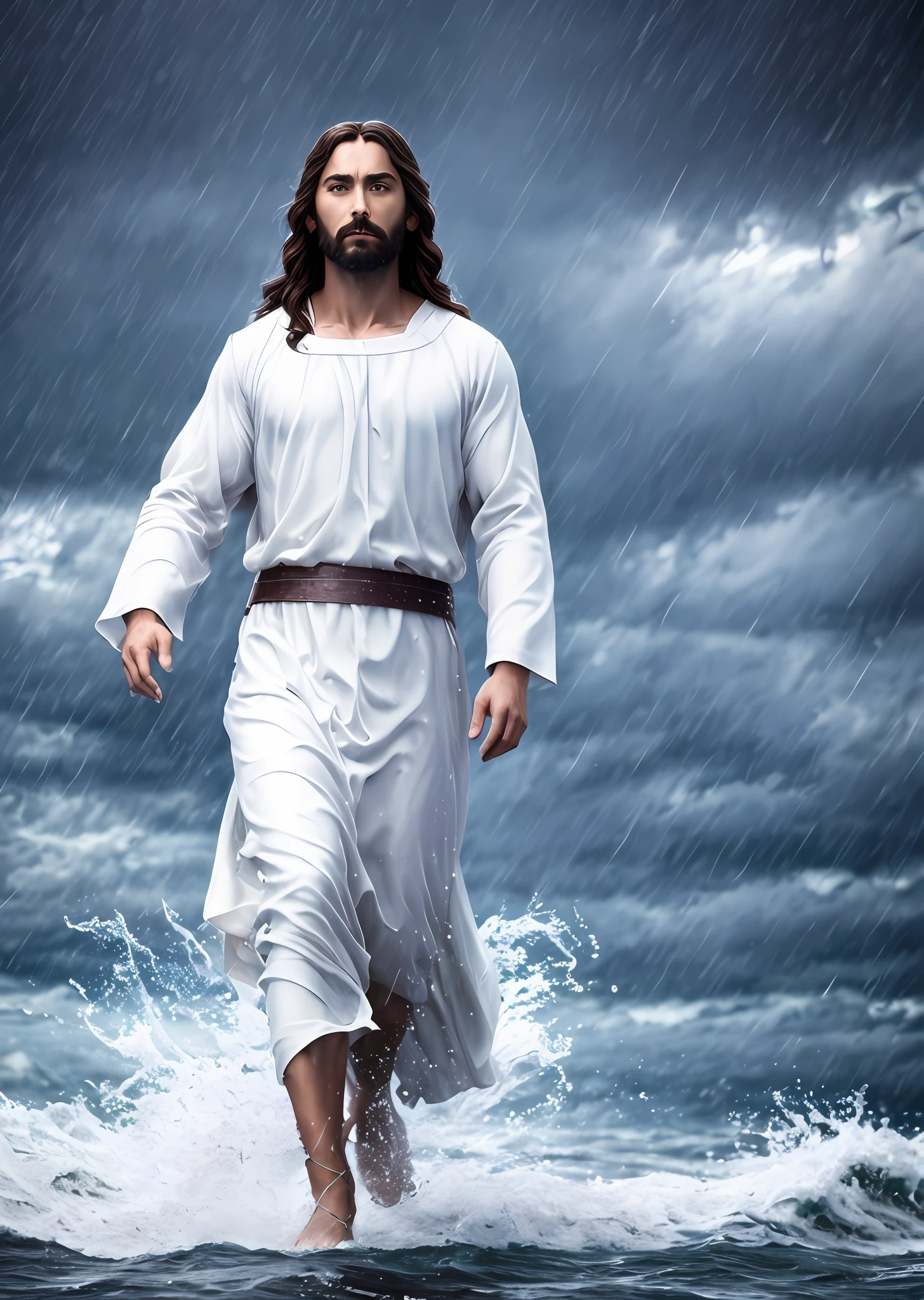 jesus walking on water in a storm, masterpiece, best quality, high quality, extremely detailed CG unit 8k wallpaper, award winning photography, Bokeh, Depth of Field, HDR, bloom, Chromatic aberration, photorealistic, extremely detailed, trending on artstation, trending on CGsociety, intricate, high detail, dramatic, mid-journey art, volumetric lighting