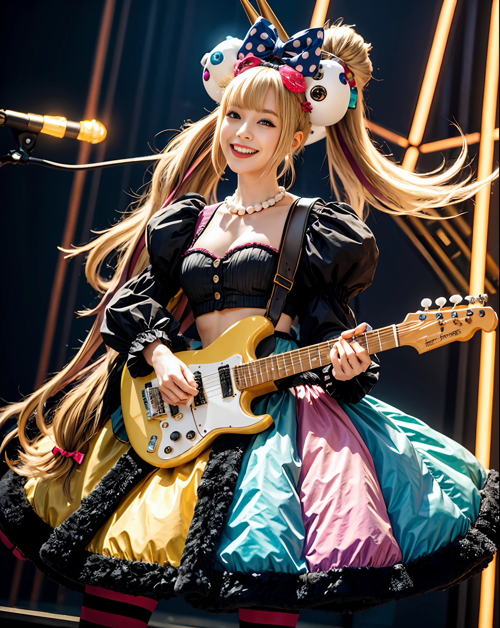 (Masterpiece), (Best Quality), Ultra High Definition, Professional Artwork, Ultra Detailed, Complex, Detailed Face, Perfect Lighting, 1girl, Solo, Sylviem, Kofxib, Striped, Pantyhose, Midriff, Ribbon, Striped Pantyhose, Jewelry, Horn, Open Eyes, Big Smile, Wide Mouth, Golden Electric Guitar, Electric Guitar on His Shoulder, Playing Electric Guitar, hair bow, chest, skirt, bead, necklace, cleavage, puffy sleeves, photorealistic, cowboy shot, dynamic angle