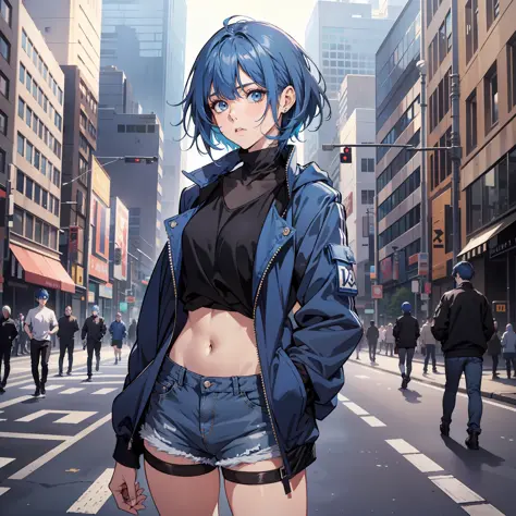 Blue eyes, blue hair, hair level with chin, short and medium hair, medium chest, black shorts, thin, blue clothes with jacket, female, M bangs, smooth body structure, girl standing in the city, mouth corners up, half body, one size fits all,