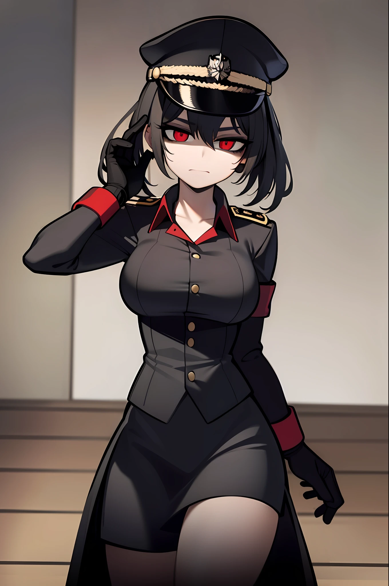 ((masterpiece, best quality)), (1girl), (solo), (female focus), female goth army officer, black leather german uniform, wearing army leather hat, strong makeup, large breasts, tall woman, red eyes, deep shadows, constricted pupils, empty eyes, yandere, female death appearance, black hair, dynamic angle, highly detailed, 8k resolution, sadistic expression