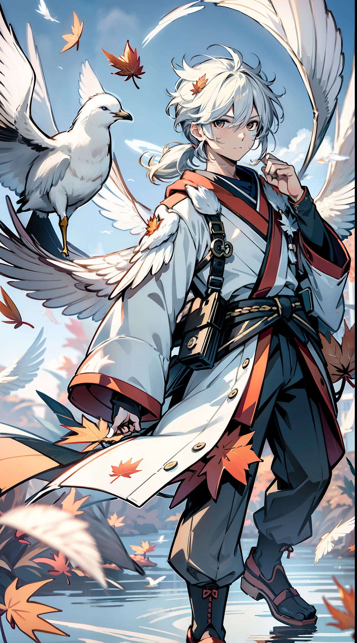 Masterpiece, 8k, best quality, highly detailed, panorama, delicate facial features, 1 boy, solo, expressionless, white hair, low ponytail, ((feather wings)), (flying in the air))), outdoor, japan, white bird, seagull, feathers floating in the air, ethereal power, whirlwind, whirlwind in background, white tones, whirlwind, ethereal atmosphere, (delicate face), (((maple leaf))), (full body picture)