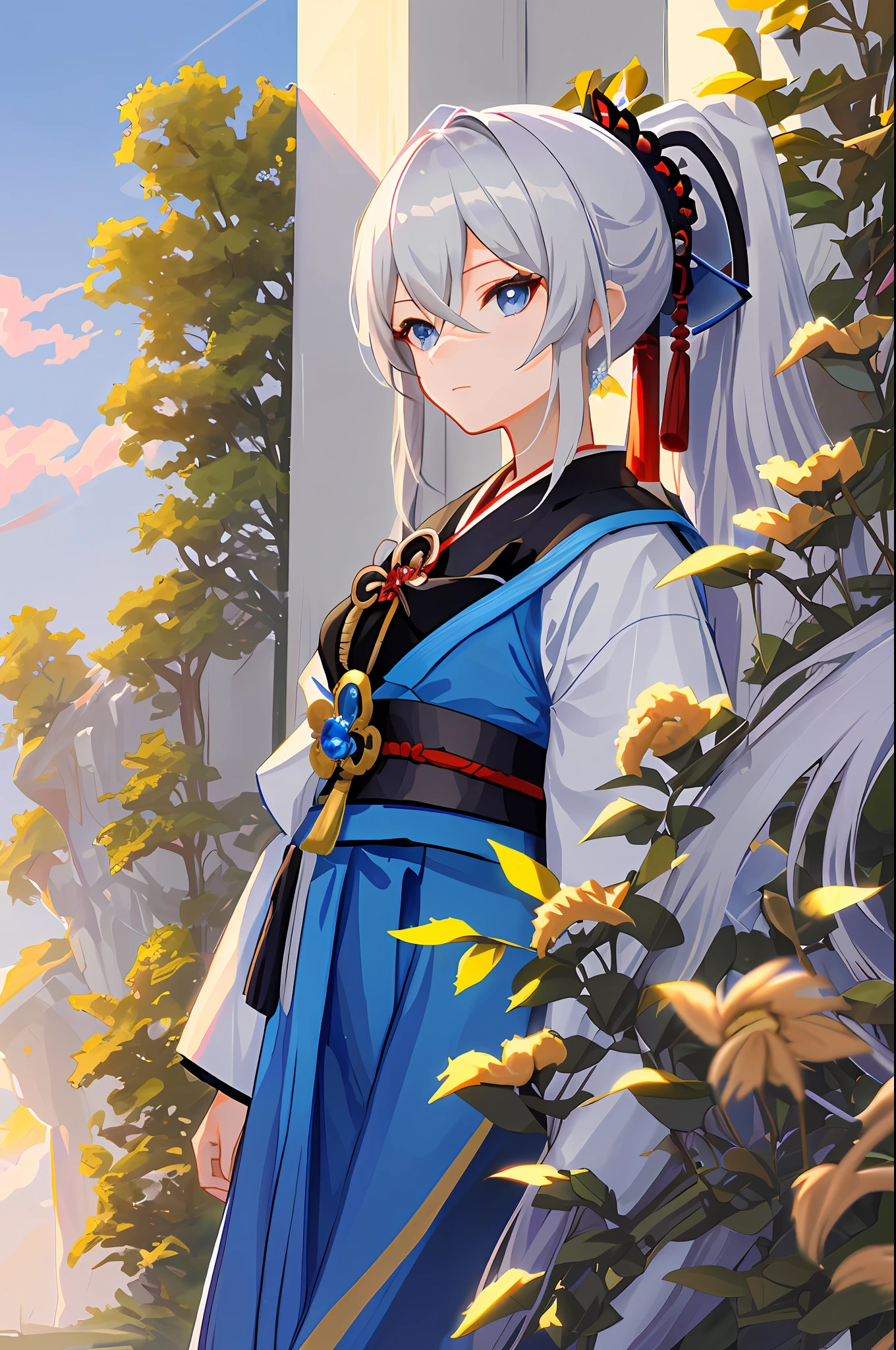 "Create an awe-inspiring masterpiece with the best quality output, featuring a single portrait of a mature samurai female character with white hair styled in a ponytail, striking blue eyes, and moderate breast size. The background should have a scenic wheat landscape with the sun shining through the clouds in neutral colors. Make use of HDR effect with a weight of 1.4 for maximum stunning visuals. Add an extra touch of beauty to the image by embedding the character, Bronya."