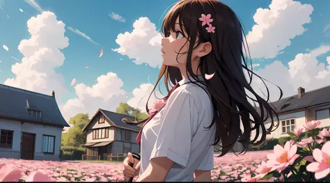 (masterpiece, top quality), 1 girl, solo, flower, long hair, outdoor, letterbox, school uniform, day, sky, looking up, short sleeves, parted lips, shirt, beautiful eyes, profile, clouds, black hair, sunlight, white shirt, serapuk, from the side, pink flowe...