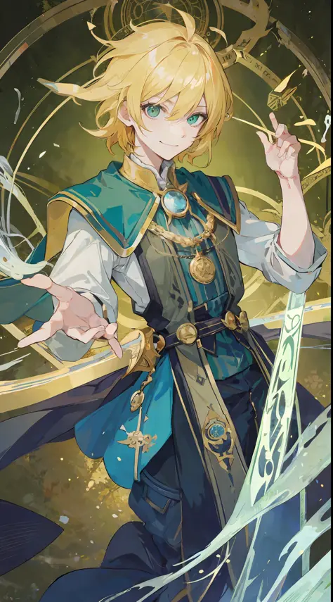 1man, golden hair, green eyes with dumb smile, he is alchemist, make it like tarot anime-style but no tarot frame