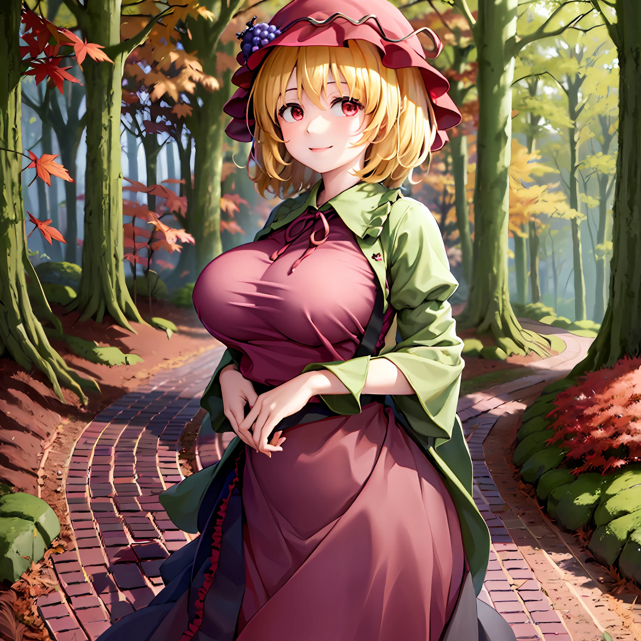 (Aki Minoriko), Mob cap, grapes, grape hat ornament, wide sleeves, shirt, skirt, apron, huge breasts, seductive smile, short hair, red eyes, thick eyelashes, wide hips, {{{Masterpiece}}}, {{{detailed}}} {{{high Resolution}}}, colorful, {{{cinematic lighting}}}, {{detailed}}, 4K, Touhou, autumn, autumn forest, 1girl, cute, sexy,  ((breast grab)), (breast grab from behind), (1boy, faceless male:1.2) ((hands on breasts)), ((male grabbing breasts)), ecchi, sfw