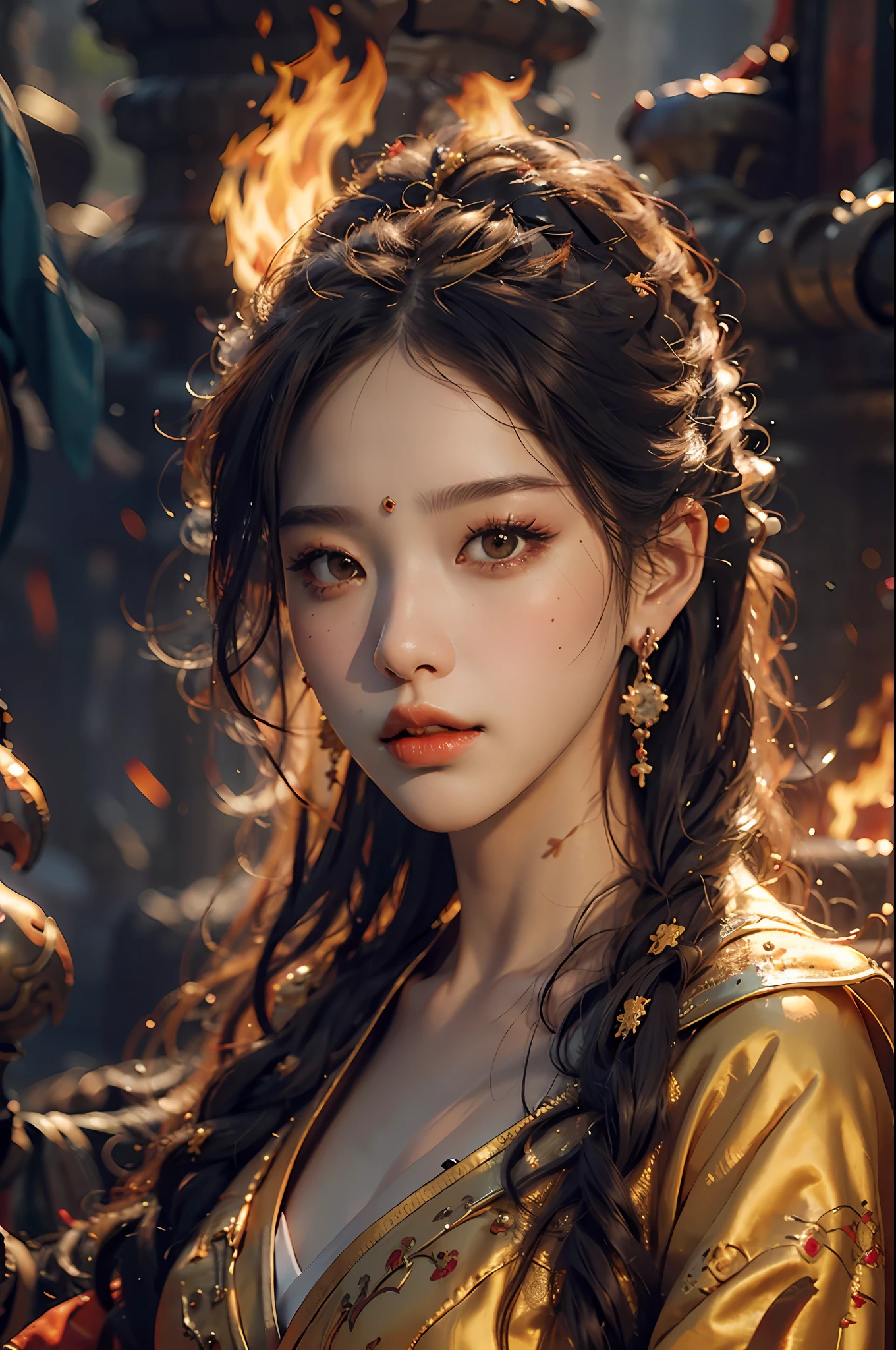 Best quality,masterpiece,ultra high res,(photorealistic:1.4)1girl,beautiful_face,detailed skin,full body,yuhuoshu,jewelry,solo,earrings,(fire:1.3),blurry,realistic,lips,