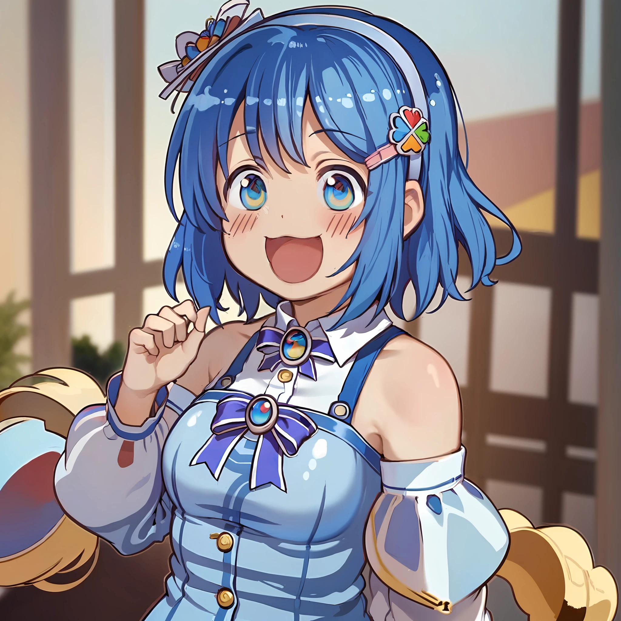 (masterpiece)), ((best quality)),, ((kawaii)), cute, (lovely), , 4K, (8K), best quality, (beautiful),(((world-class quality))), madobe nanami, chibi, laughing, upper body, lite blue hairband, hairclip, hair ornament, long sleeves,