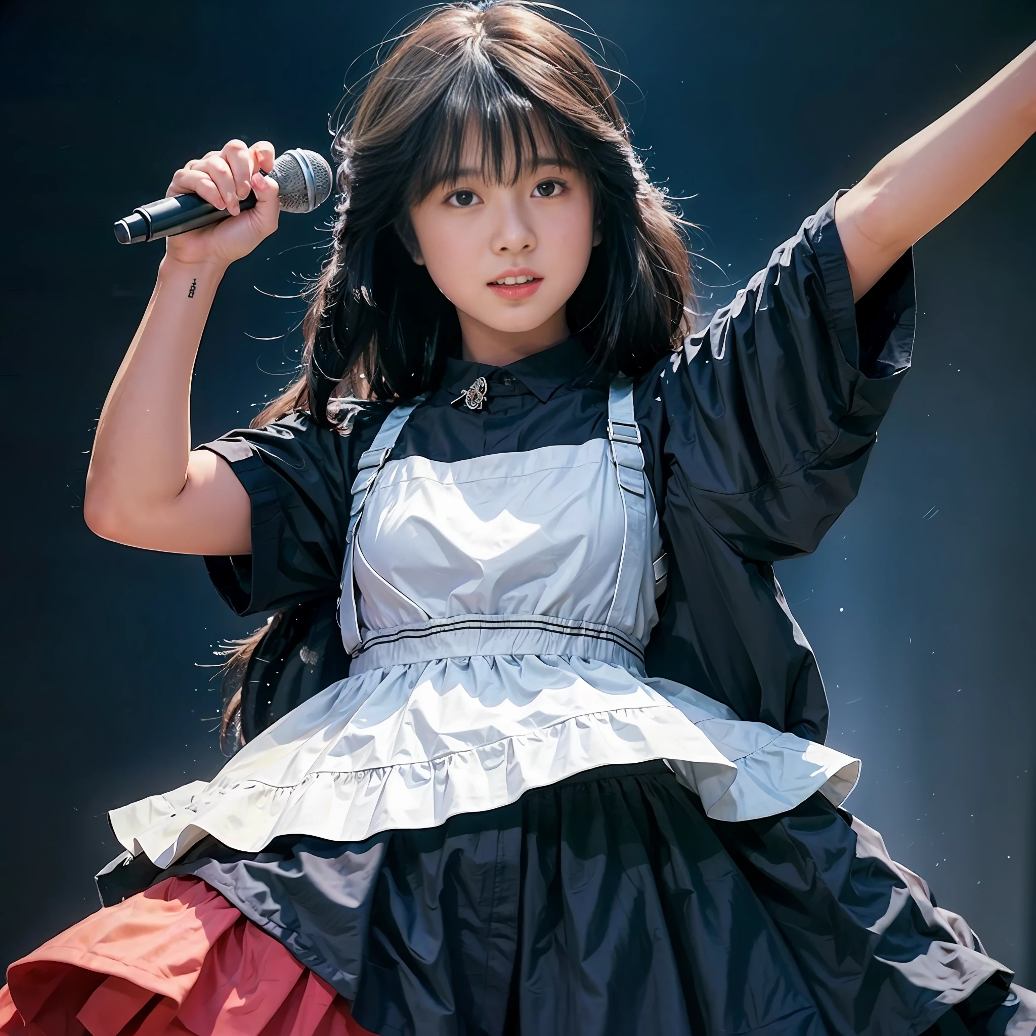 (Masterpiece, Realistic, Ultra High Definition, Best Quality: 1.2), 1girl, Solo, Young, No Makeup, (Black Hair), Smile, Japan Idol, Singing on Stage, Holding a Microphone in Hand, Idol Singing Costume, White Idol Dress, Sleeveless, Armpits, (Akina Nakamori), Photorealistic, On Stage, Stage Lighting, Live Venue, Stage Spotlight, Light Version、(pureerosface_v1:0.8)