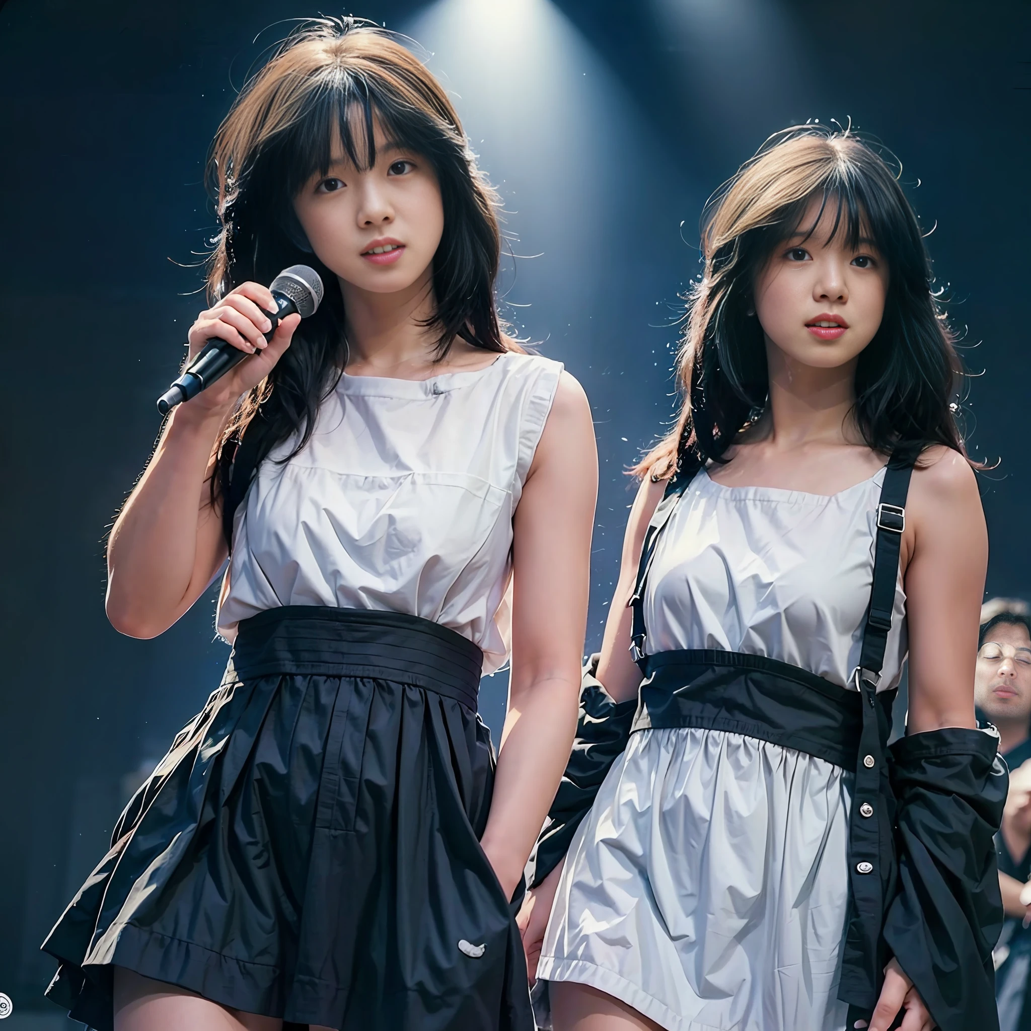 (Masterpiece, Realistic, Ultra High Definition, Best Quality: 1.2), 1girl, Solo, Young, No Makeup, (Black Hair), Smile, Japan Idol, Singing on Stage, Holding a Microphone in Hand, Idol Singing Costume, White Idol Dress, Sleeveless, Armpits, (Akina Nakamori), Photorealistic, On Stage, Stage Lighting, Live Venue, Stage Spotlight, Light Version、(pureerosface_v1:0.8)