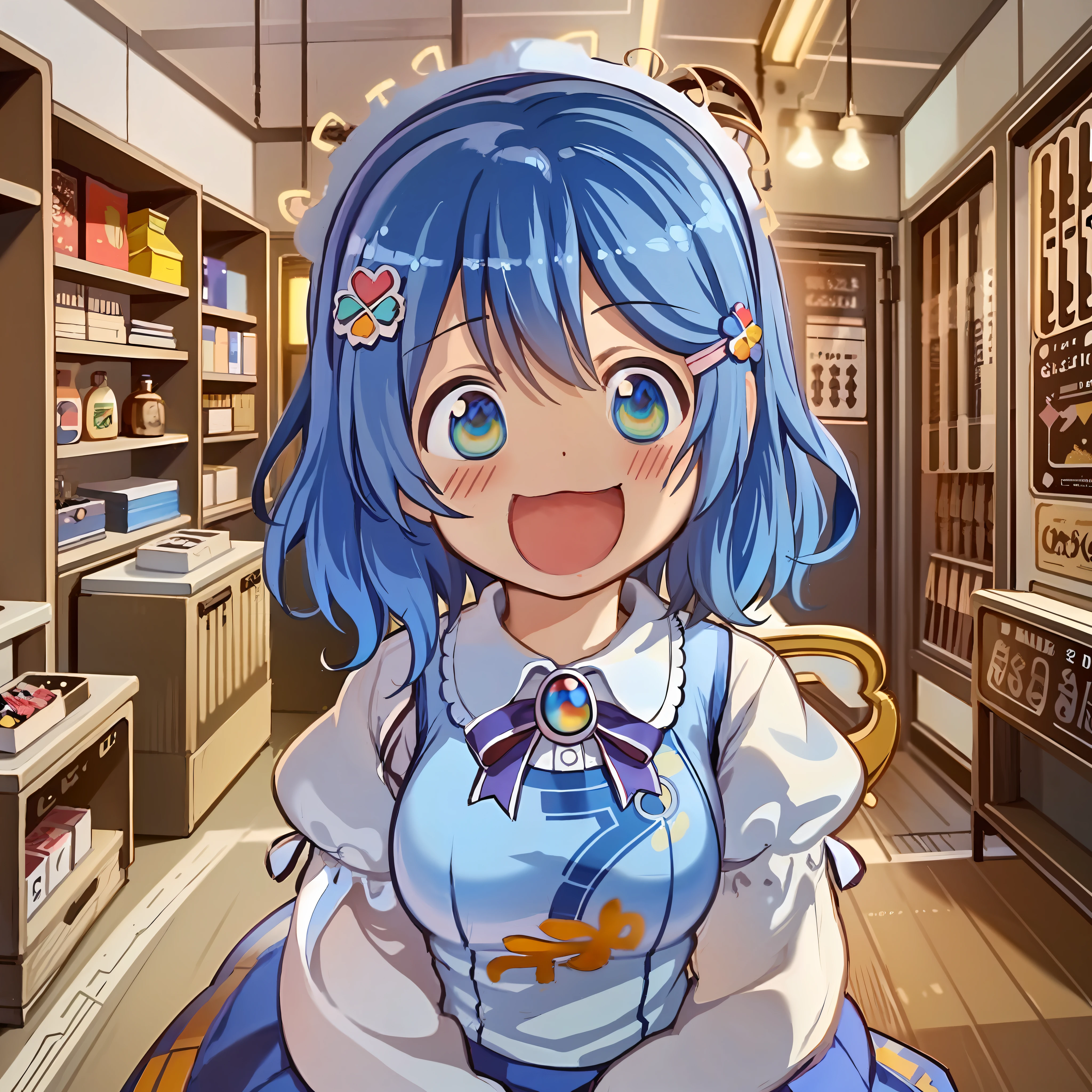 (chef-d&#39;œuvre)), ((Meilleure qualité)),, ((kawaii)), Mignon, (Adorable), , 4k, (8k), Meilleure qualité, (Beau),(((Qualité de classe mondiale))), Madobe Nanami, chibi, en riant, Haut du corps, bandeau bleu clair, pince à cheveux, ornement de cheveux, manches longues, gilet bleu clair