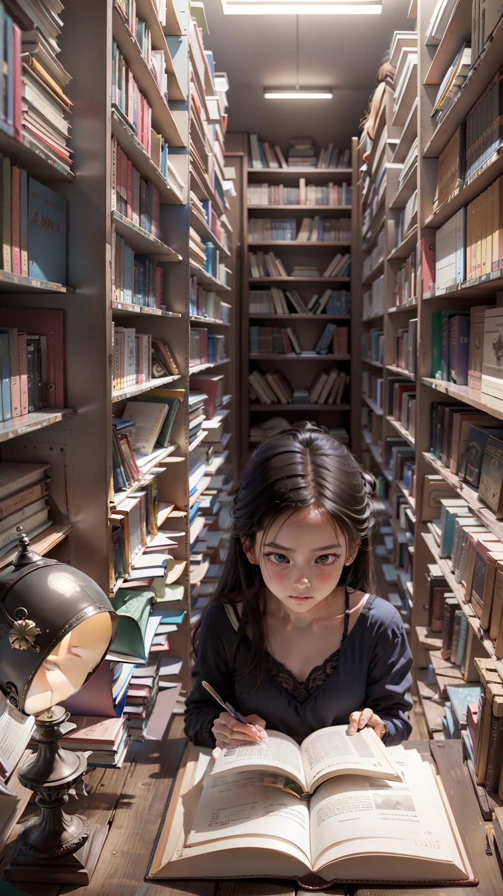 一个女孩, 读一本书, 背景是一个书架, 超现实主义风格