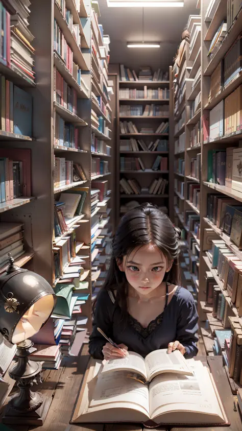 A girl, reading a book, in the background is a bookshelf, surrealist style
