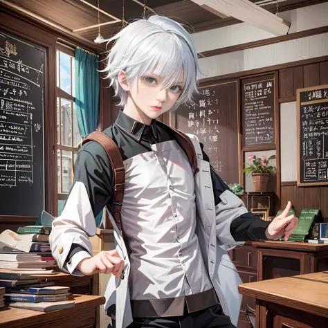 A white-haired anime boy in the classroom has an angry expression and an open arm pointing forward