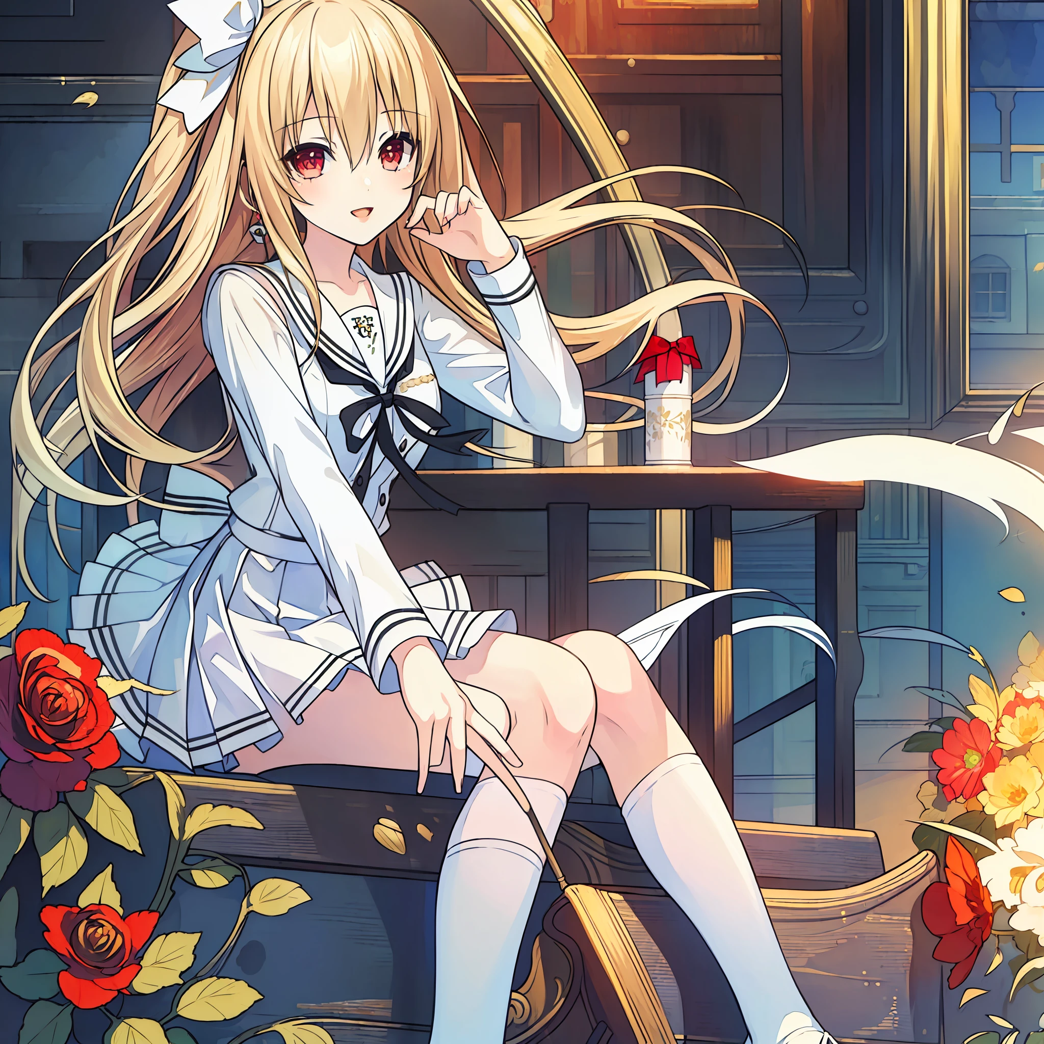 1 beautiful girl, ((((Masterpiece)))), ((highest quality)))), ((very detailed))), detailed fingers, precise fingers, not unnatural hands, illustration, 1 girl, solo, blonde right side pony, blonde long hair, white ribbon on right hair, white school uniform, red eyes, white mini skirt, white knee socks, black shoes, dynamic pose, MAYURI