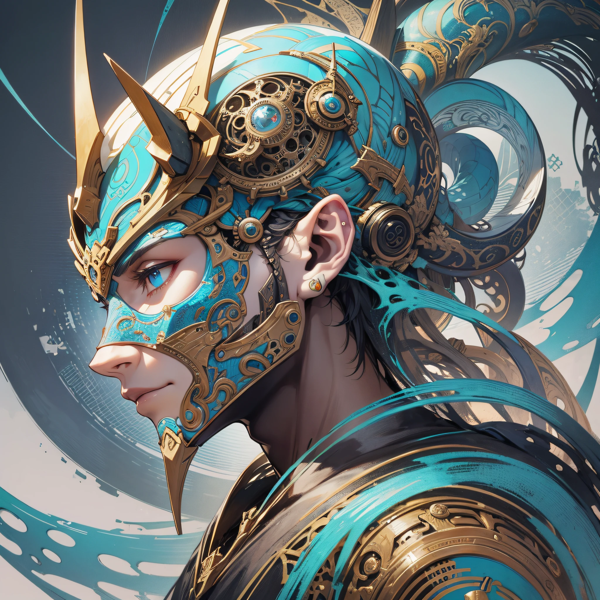 Create an intricately detailed mixed-media portrait of a shape-shifting male creature by blending aspects of mechanical, organic, and mythological design. --auto --s2