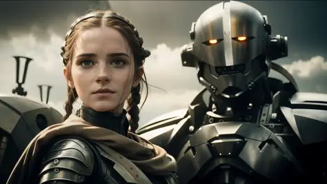 arafed woman in armor and a man in a capacete, 2 0 2 1 cinematic 4 k framegrab, luis royo e alex ebel, biometric humanoid robot,...