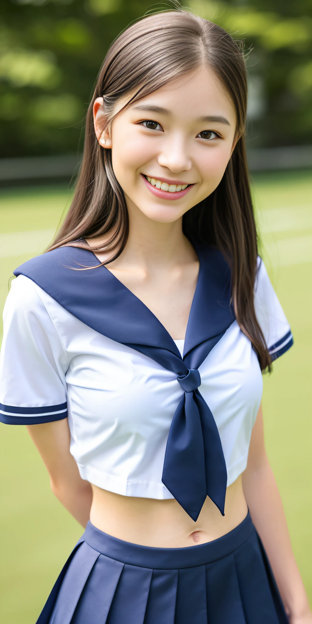 neat college girl, (school uniform, sailor uniform, ribbon tied at chest, summer clothes, upper body white, skirt dark blue, short sleeves), outside the athletic field, (slim), photorealistic, detail, skin texture, ultra detail, delicate and sexy collarbone, smile, super detailed face, detailed lips, detailed eyes, double eyelids, small breasts, small breasts, small, flat breasts, breast emphasis