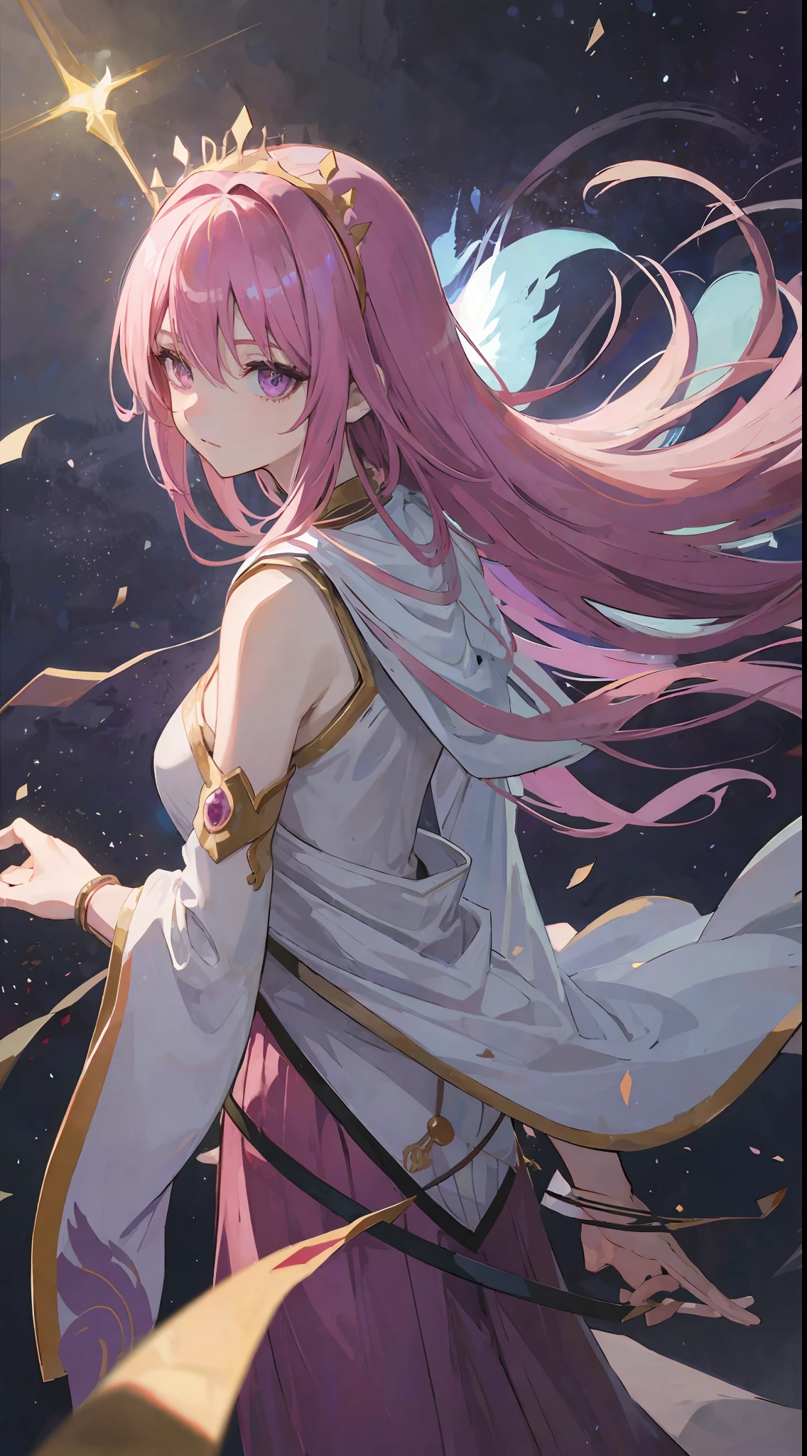 1fille, cheveux roses, yeux violets vifs, c&#39;est une déesse qui porte une couronne divine, faites-en un style anime de tarot mais sans cadre