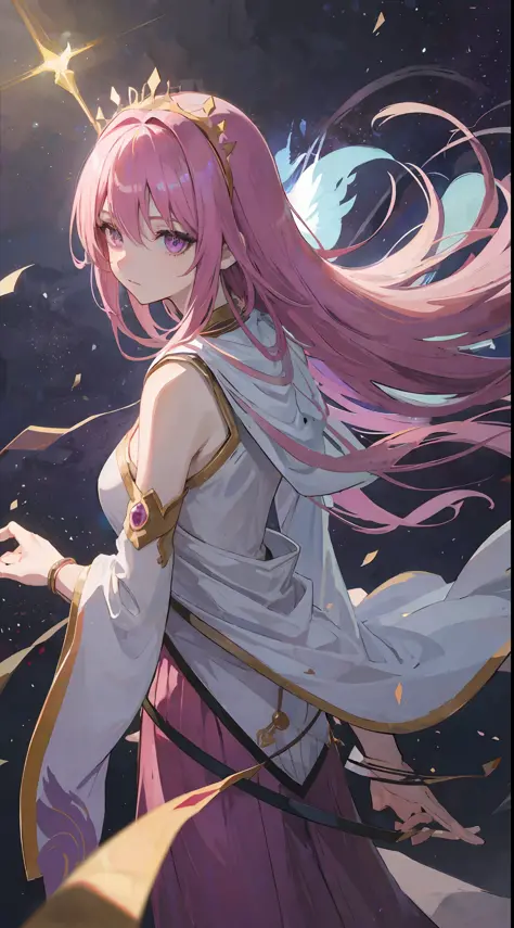 1Girl, pink hair, sharp purple eyes, she a goddess wear divine crown, make it like tarot anime-style but no frame
