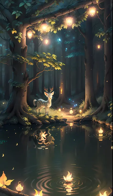 Masterpiece, best quality, (very detailed CG unity 8k wallpaper), (best quality), (best illustration), (best shadows), glow sprite, with a glowing deer, in the swimming pool Drinking water, natural elements in the forest theme. Mysterious forest, beautiful...