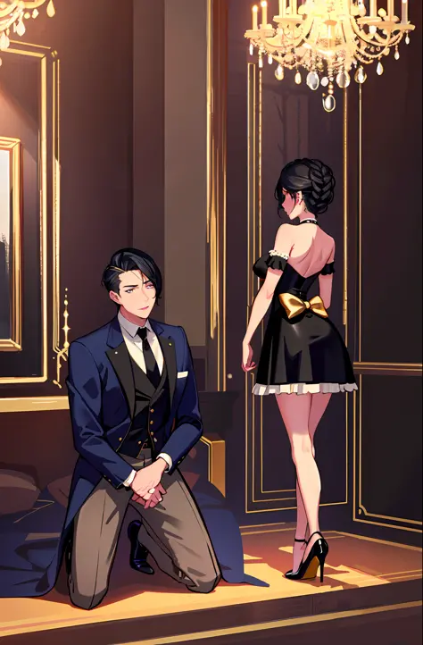 1 woman and 1 man, male slave, kneeling male, hostess, queen, elegant dress, dark lipstick, sleek hairstyle, high heels, dramati...