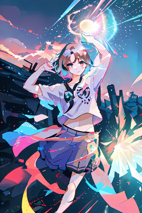 the background is war-torn tokyo in the moonlight, a savior girl who landed there, brown eyes, pink hair, blue aura emanating fr...