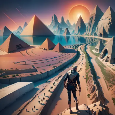 man walking sideways over time, in a line, at the bottom some pyramids, cavemen and dinosaurs, at the top futuristic ships, and ...