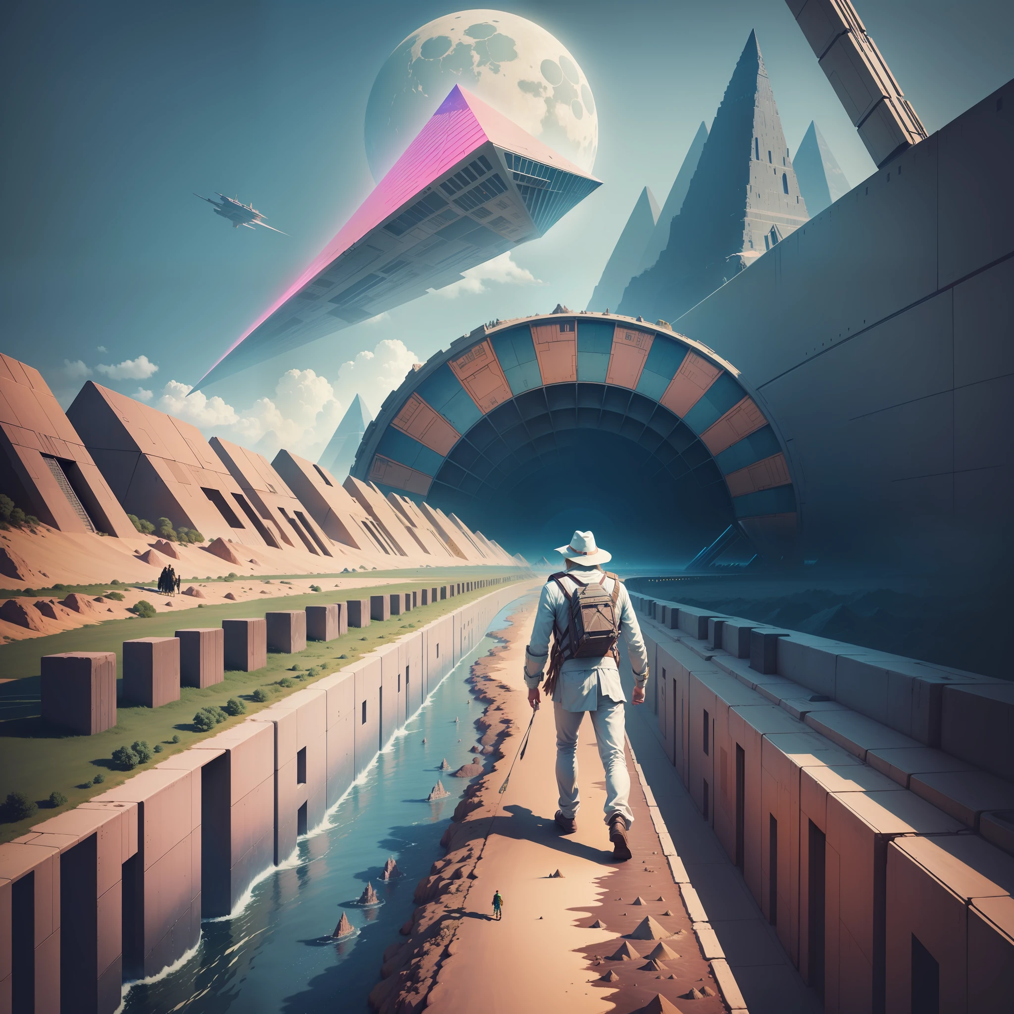 man walking sideways over time, in a line, at the bottom some pyramids, cavemen and dinosaurs, at the top futuristic ships, and futuristic buildings, inspired by psychedelia, time travel, pink floyd, epic, 8k, psychedelic art