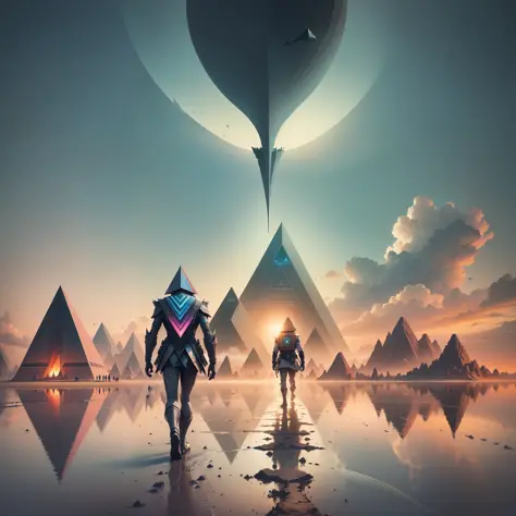 man walking sideways over time, in a row, at the bottom some pyramids, cavemen and dinosaurs, at the top futuristic ships, and f...